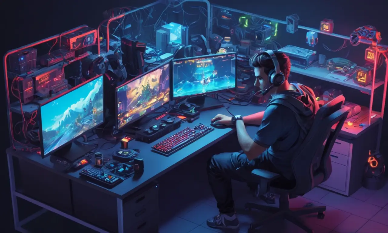 Un jugador sentado en un escritorio, rodeado de equipos de juego y códigos de trampa, con una expresión conflictiva.