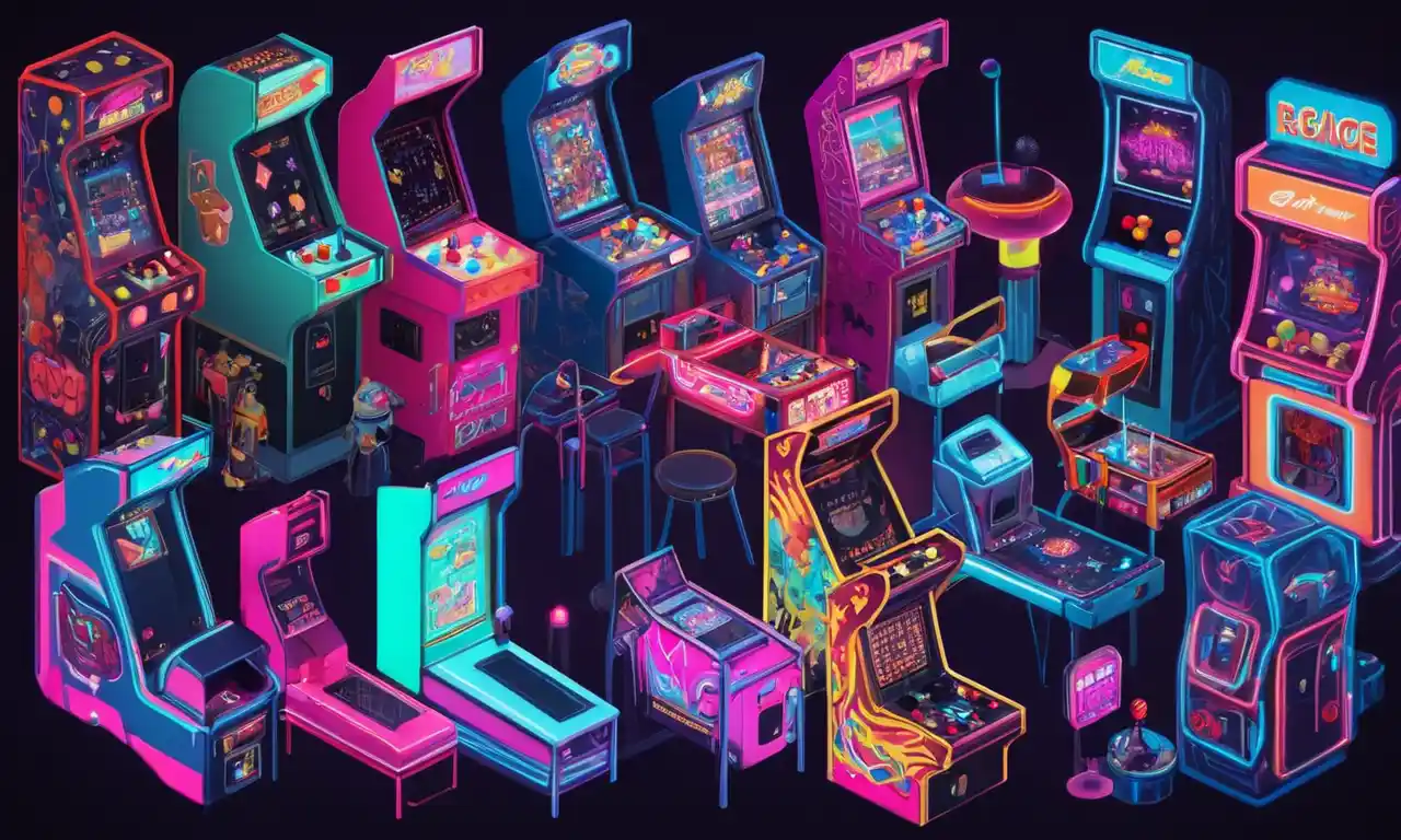 Una mezcla de personas de diversos orígenes culturales jugando juegos de arcade clásicos en un gabinete de neon-lit.