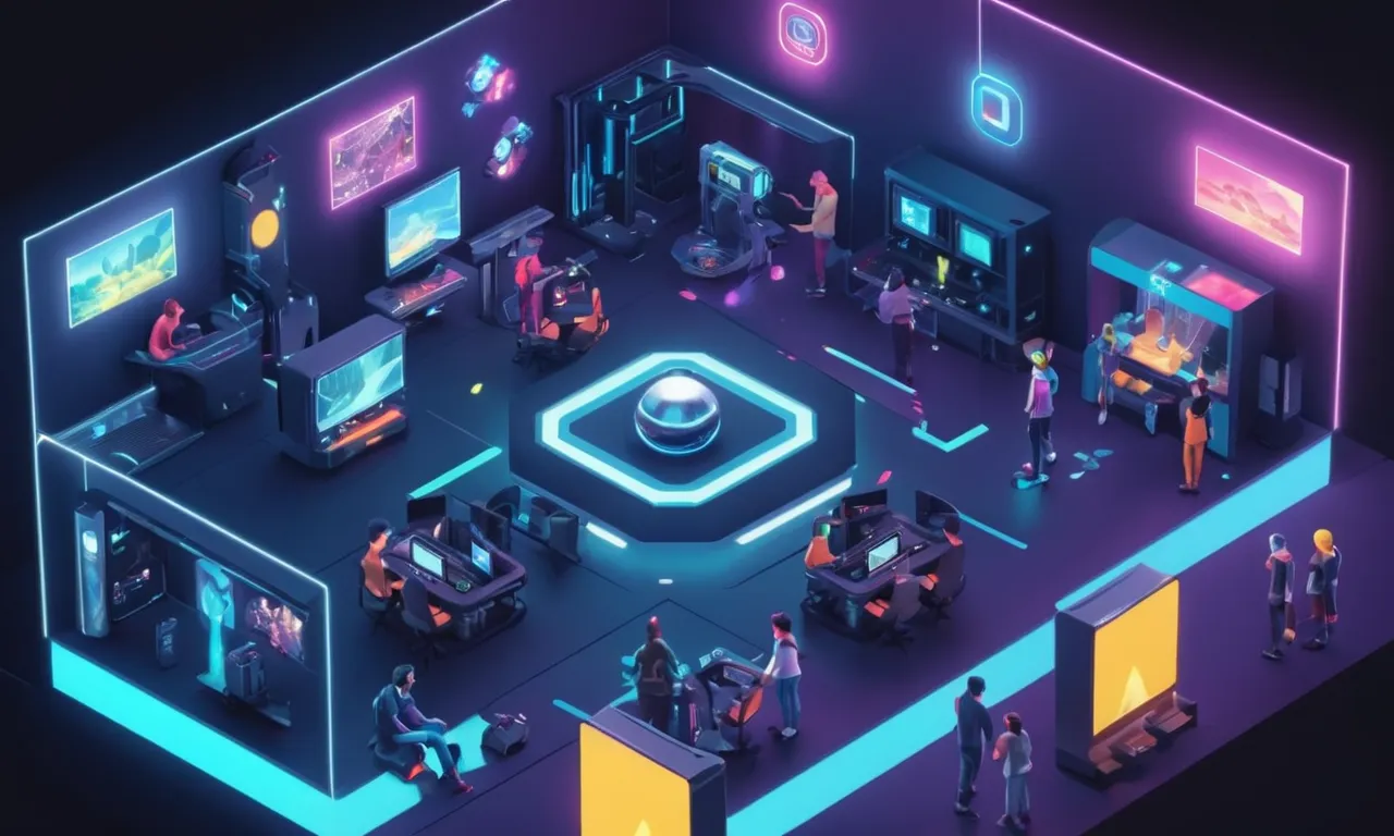 Una escena futurista con jugadores interactuando con avatares inmersivos en realidad virtual.