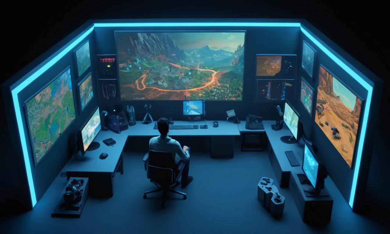 Una persona sentada frente a una pantalla de computadora que muestra un entorno de juego simulado con varios desafíos y consideraciones.