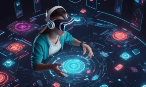Una persona interactuando con un auricular de realidad virtual rodeado de controles de juego y elementos futuristas.