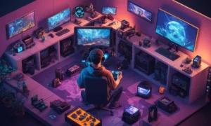 Un jugador rodeado de pantallas que muestran diferentes simulaciones de juego de rol