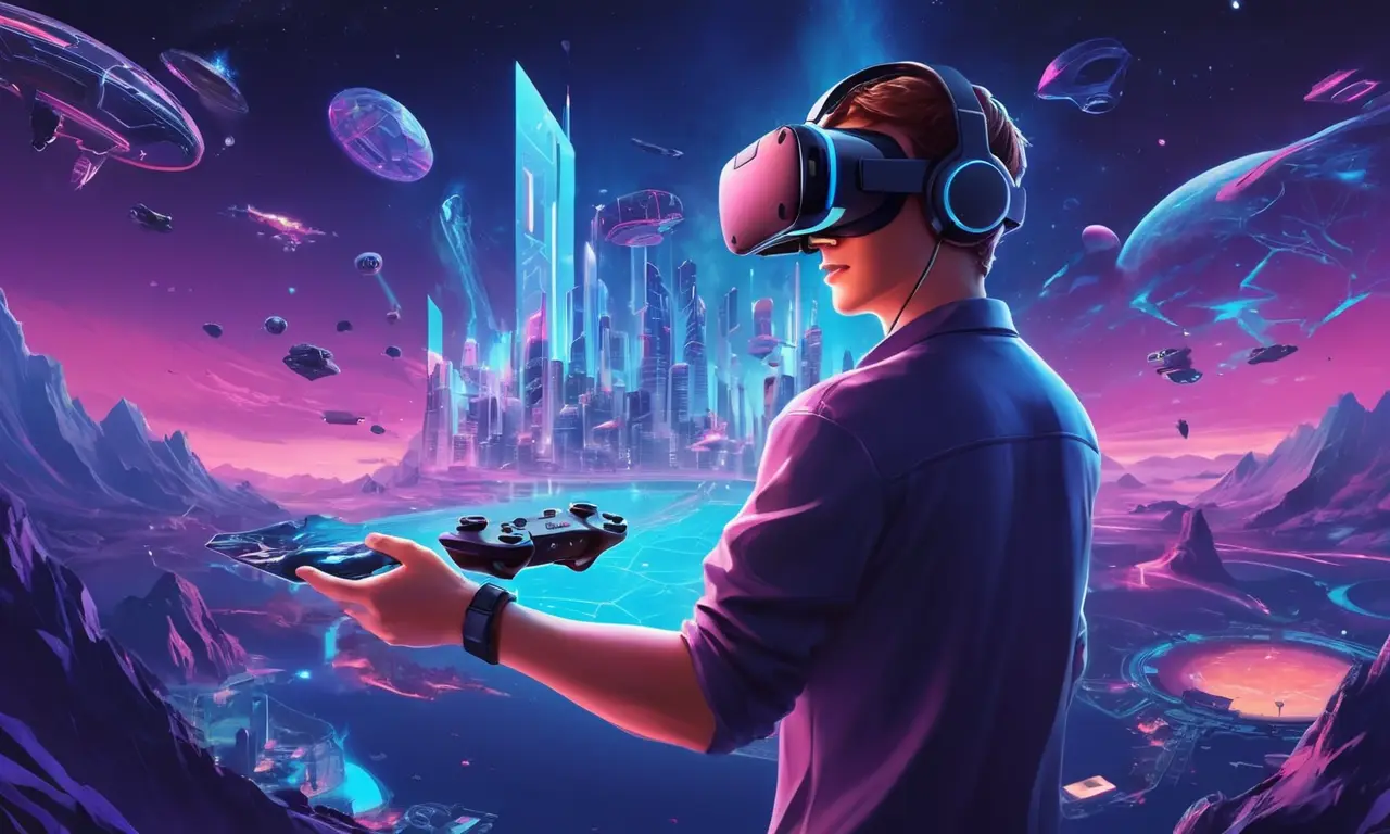 Una persona que lleva gafas VR y sostiene un controlador, rodeado de escenarios futuristas de un juego de rol.