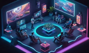 Un grupo de jugadores inmersos en un ambiente de juego de realidad virtual.