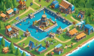 Un grupo de jugadores se reunieron alrededor de una pantalla mostrando una historia de juegos y elementos interactivos.