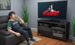 Un gráfico que muestra datos de ventas declinantes para No More Heroes II junto a un personaje de jugador decepcionado sentado frente a un televisor.