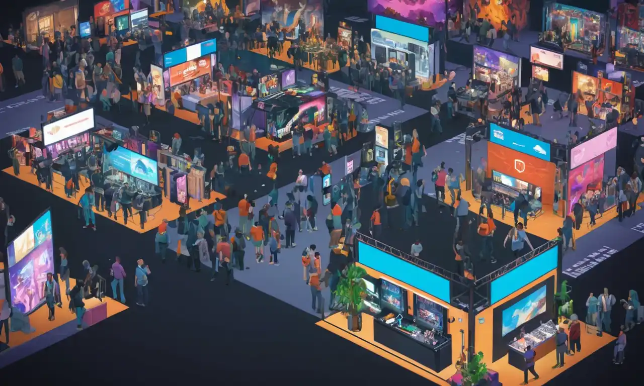 Una cabina de juego indie concurrida en una exposición