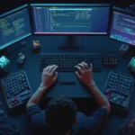 Las manos de los programadores escribiendo código en una pantalla de ordenador rodeado de herramientas y elementos de desarrollo del juego.