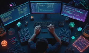 Las manos de los programadores escribiendo código en una pantalla de ordenador rodeado de herramientas y elementos de desarrollo del juego.