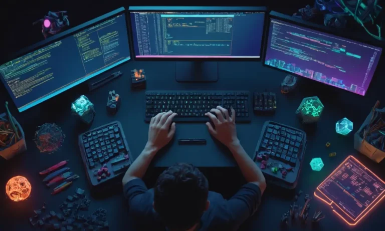 Las manos de los programadores escribiendo código en una pantalla de ordenador rodeado de herramientas y elementos de desarrollo del juego.
