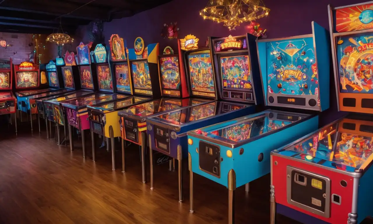 Máquinas de pinball vintage rodeadas de decoraciones nostálgicas en un escenario clásico de arcade.