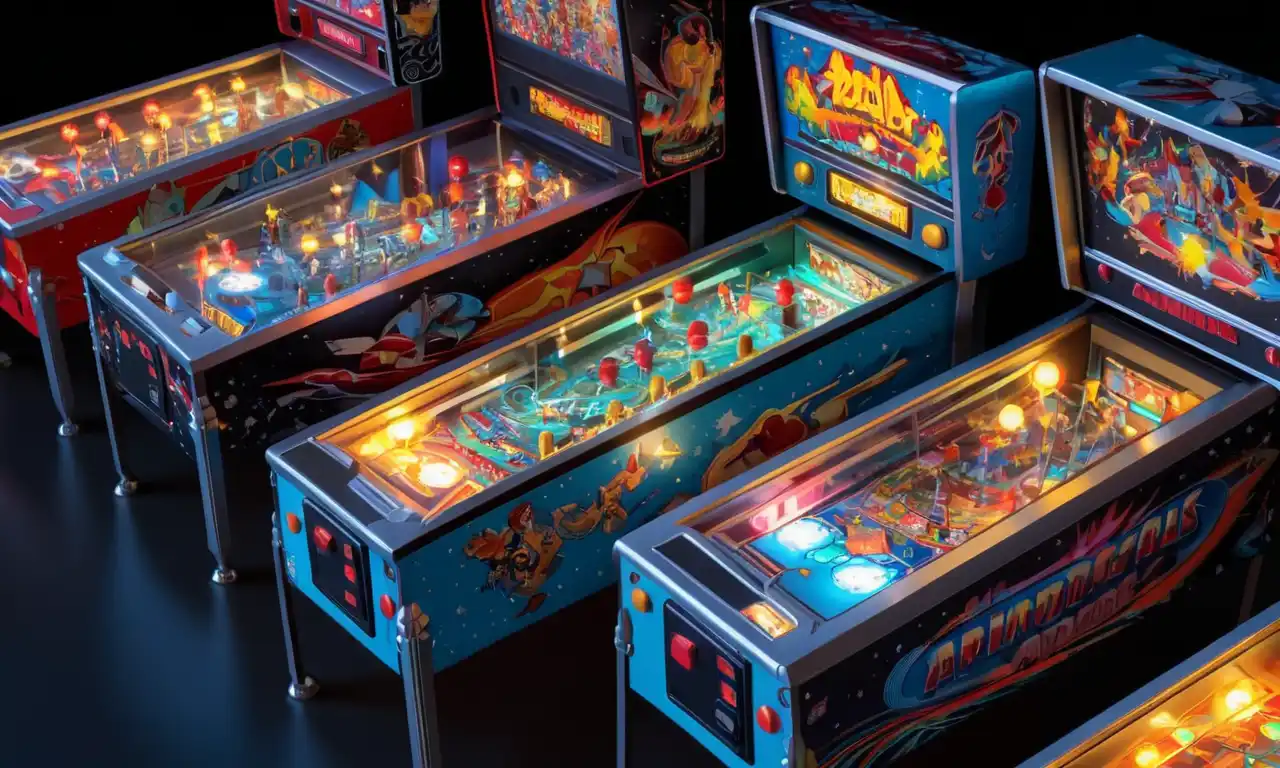 Una nostalgia escena de pinball arcade con máquinas clásicas y luces retro.