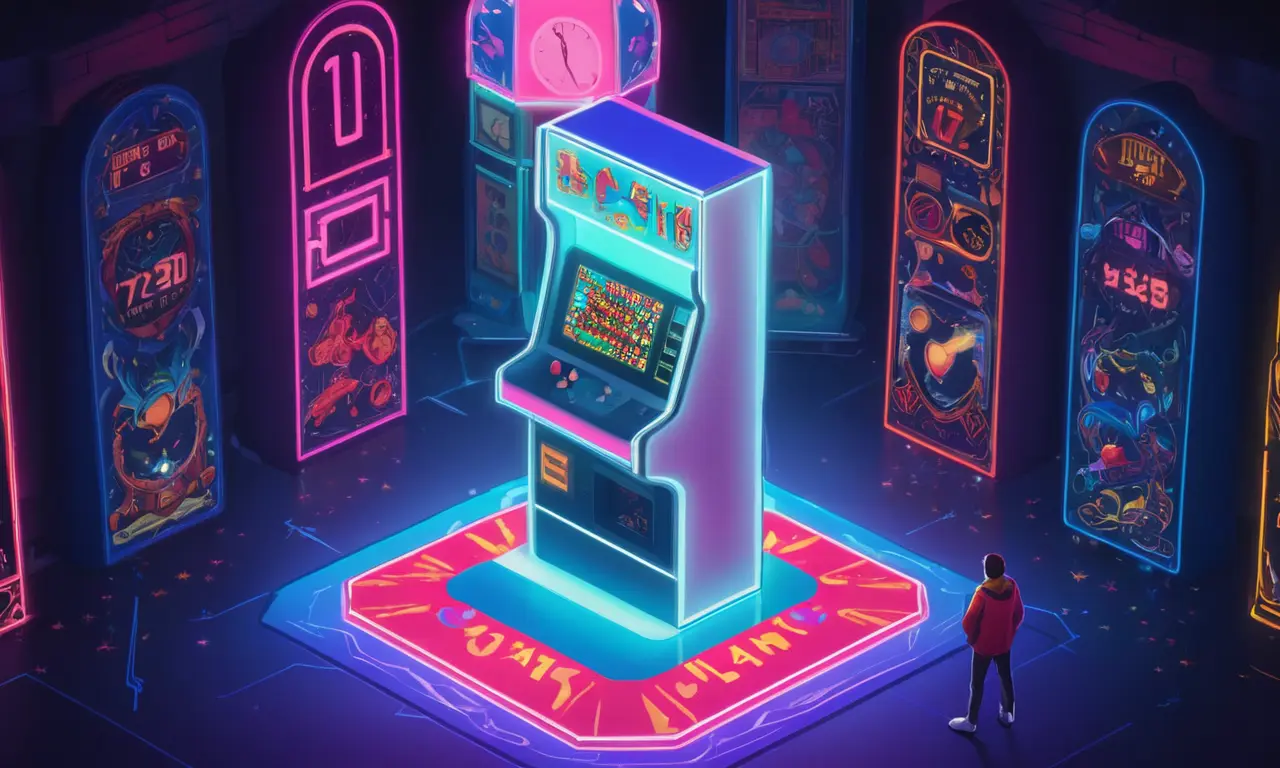 Una persona de pie frente a una máquina de arcade gigante con un reloj y luces que la rodean, sugiriendo un viaje a través del tiempo.