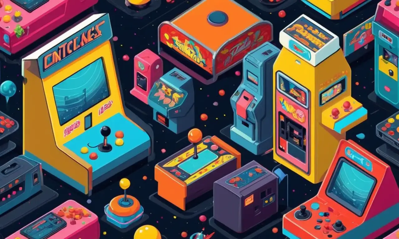 Una escena nostálgica de máquinas arcade, juegos y jugadores en los años 80/90.