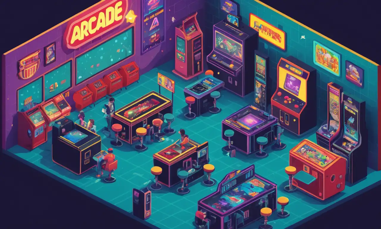 Un escenario de arcade nostálgico con consolas y jugadores de la vieja escuela se reunieron alrededor.