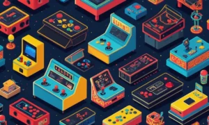 Una escena nostálgica con máquinas arcade clásicas y jugadores del pasado jugando juegos icónicos.