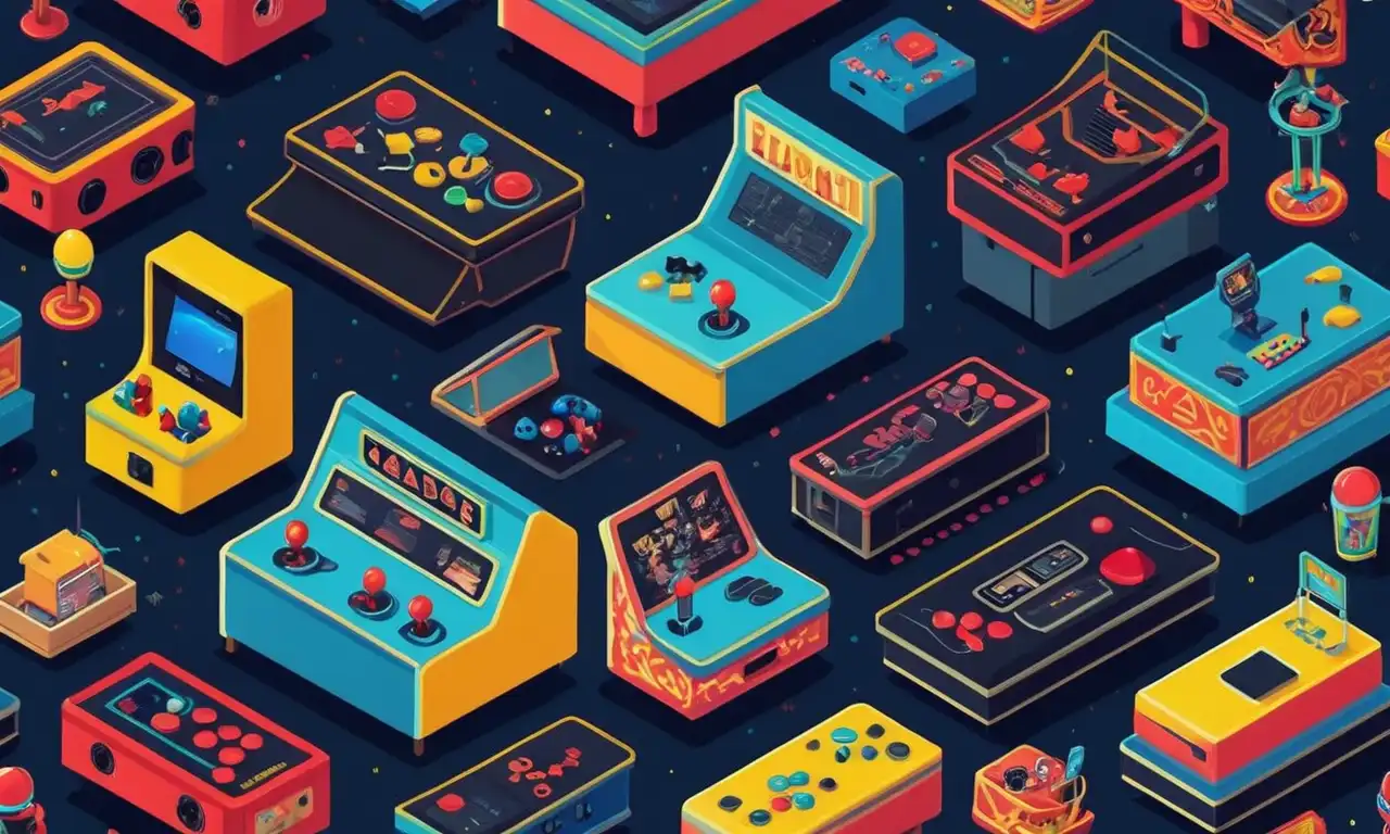 Una escena nostálgica con máquinas arcade clásicas y jugadores del pasado jugando juegos icónicos.