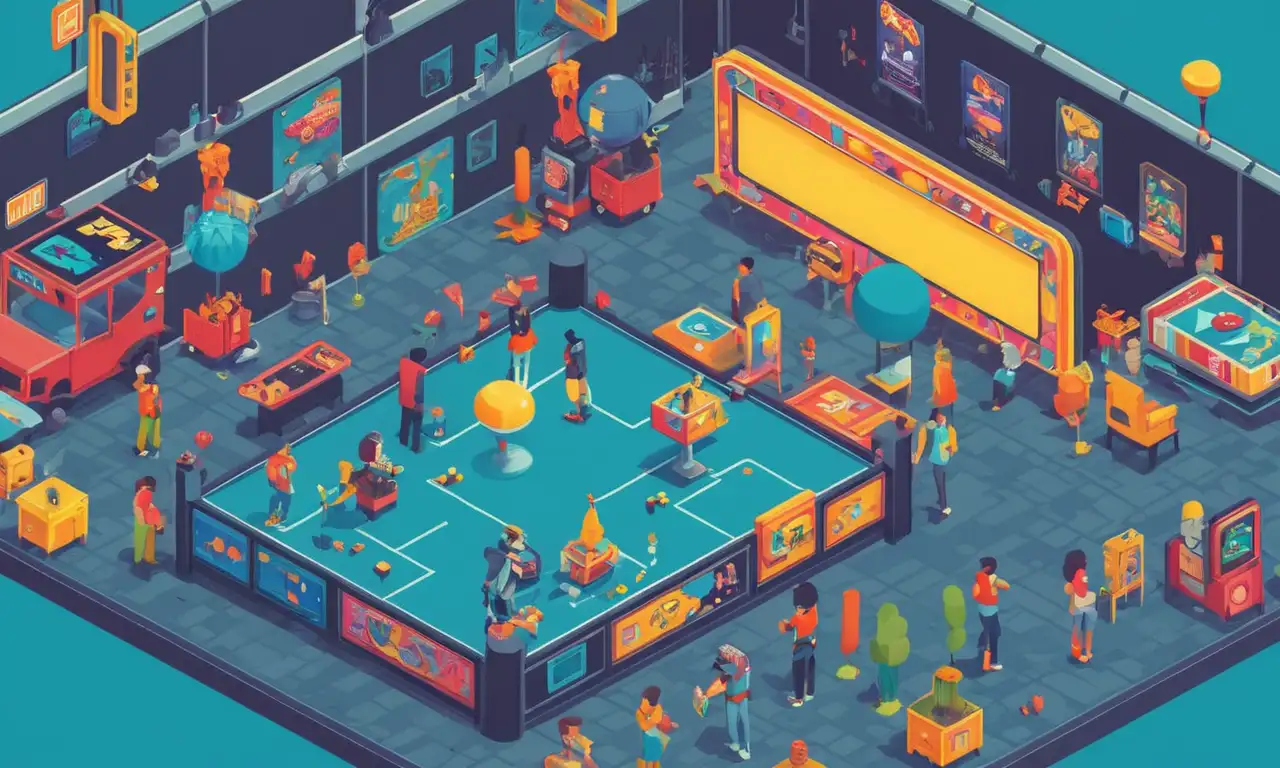Una escena nostálgica de juegos de arcade retro rodeado de entusiastas reunidos en un evento.