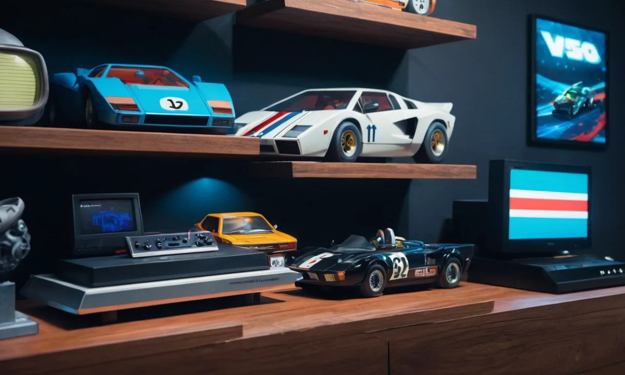 Una colección de juegos de carreras vintage en sistemas de consola antiguos mostrados en un estante con un coche futurista en el fondo.