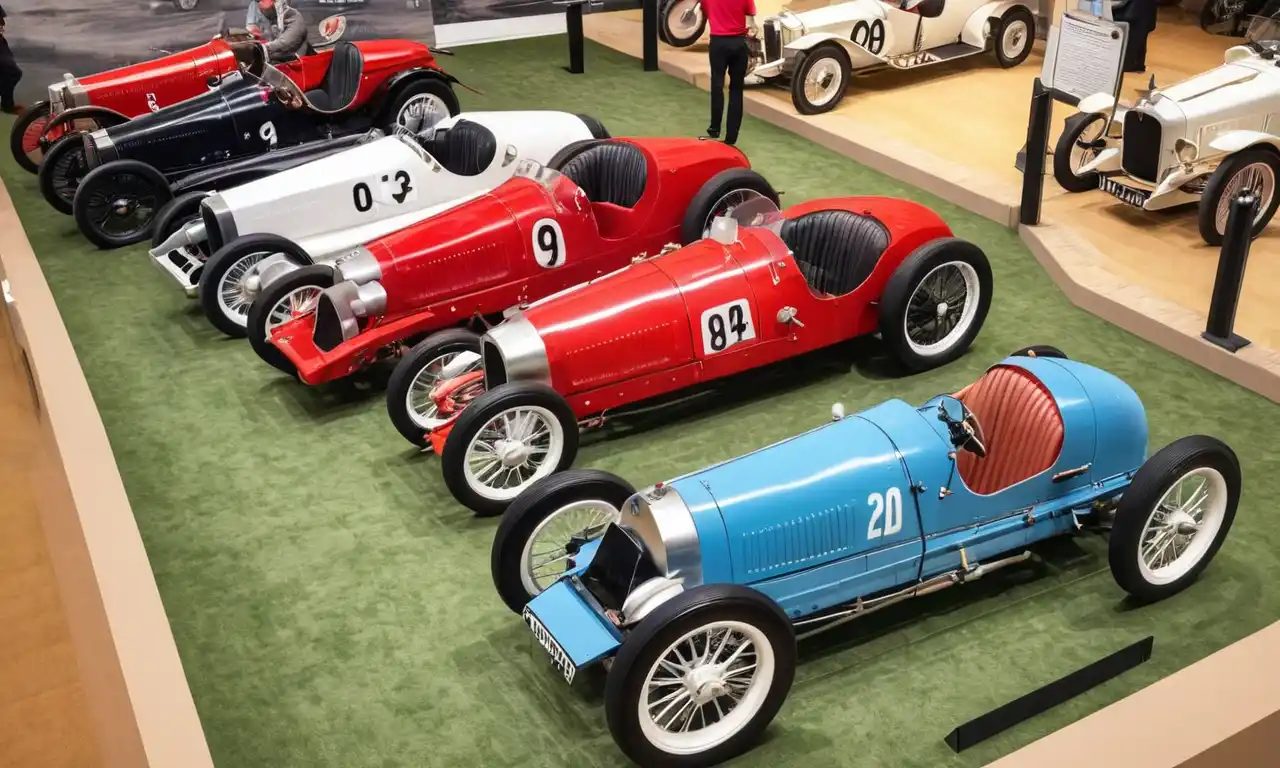 Autos de carreras Vintage desde principios del siglo XX en exhibición en un museo.