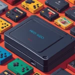 Una ilustración nostálgica de la consola Neo Geo Pocket rodeada de cartuchos y controladores retro juego.