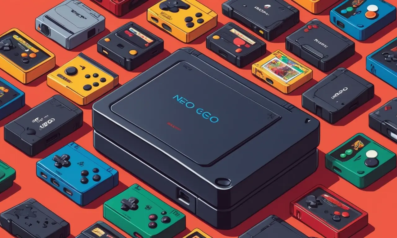 Una ilustración nostálgica de la consola Neo Geo Pocket rodeada de cartuchos y controladores retro juego.