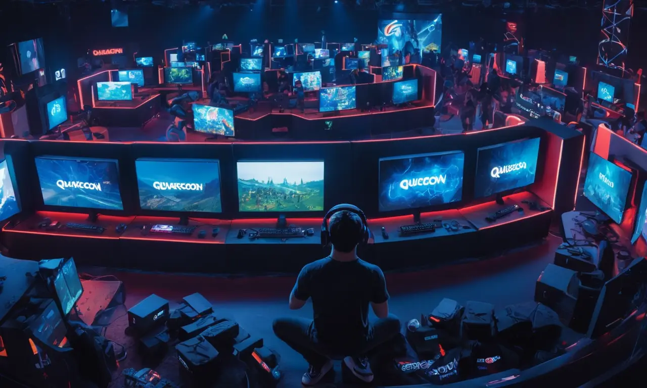 Un jugador rodeado de pantallas que muestran juegos de QuakeCon, con auriculares de realidad virtual y consolas cercanas.