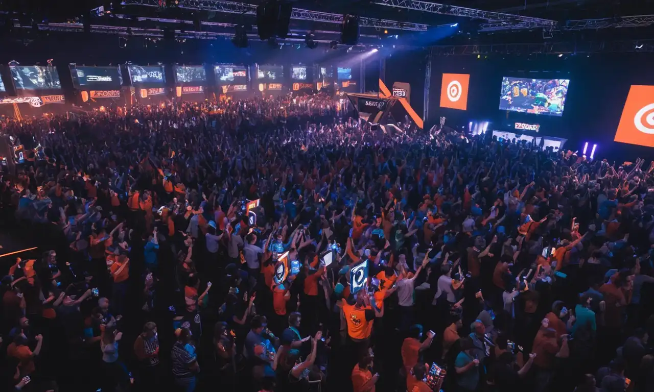 Una multitud animando en el evento de juego de QuakeCon entre pantallas que muestran juegos y logotipos de id Software.