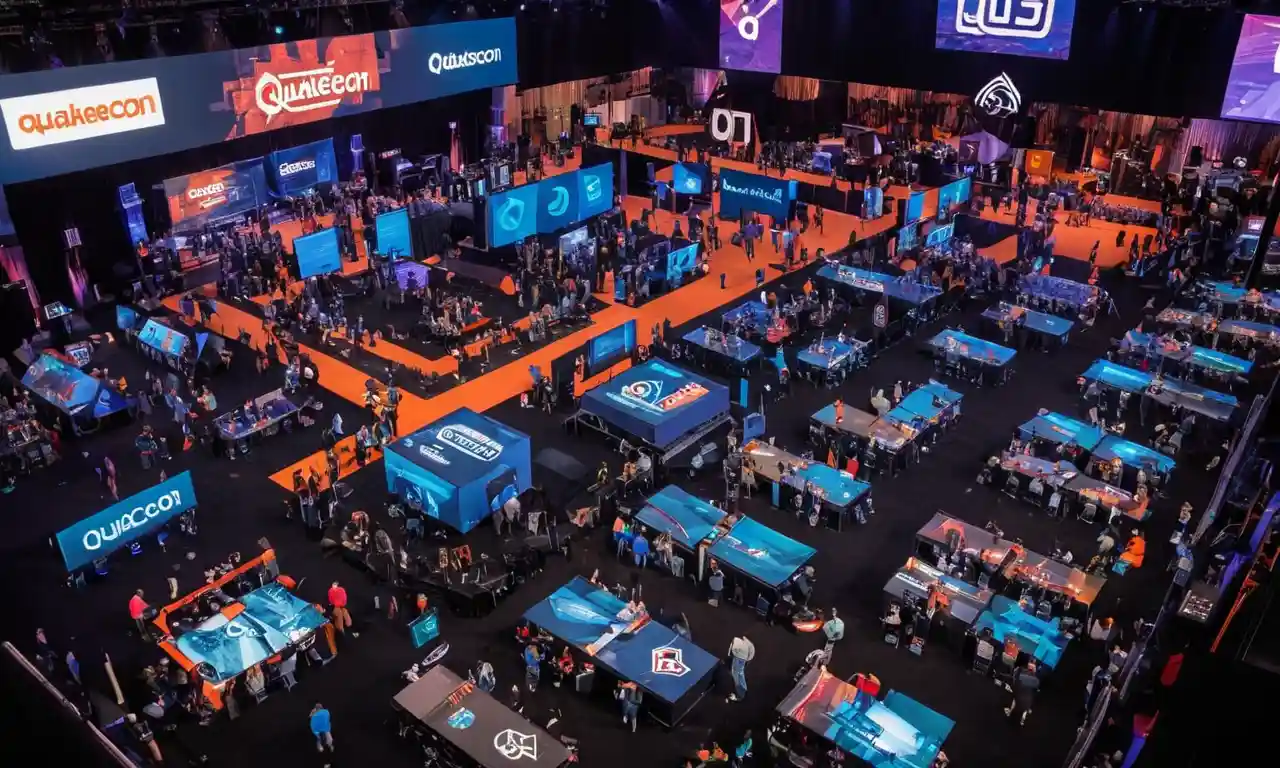 Collage of old and new QuakeCon logos, with attendees in the background playing games.