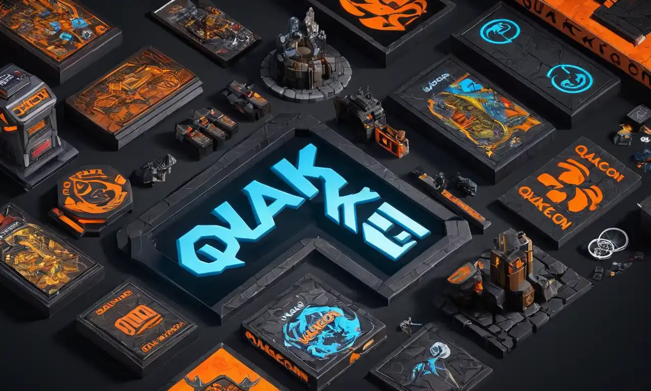Un montaje de icónicos juegos de Quake y memorabilia de juego nostálgico con el logotipo de QuakeCon.