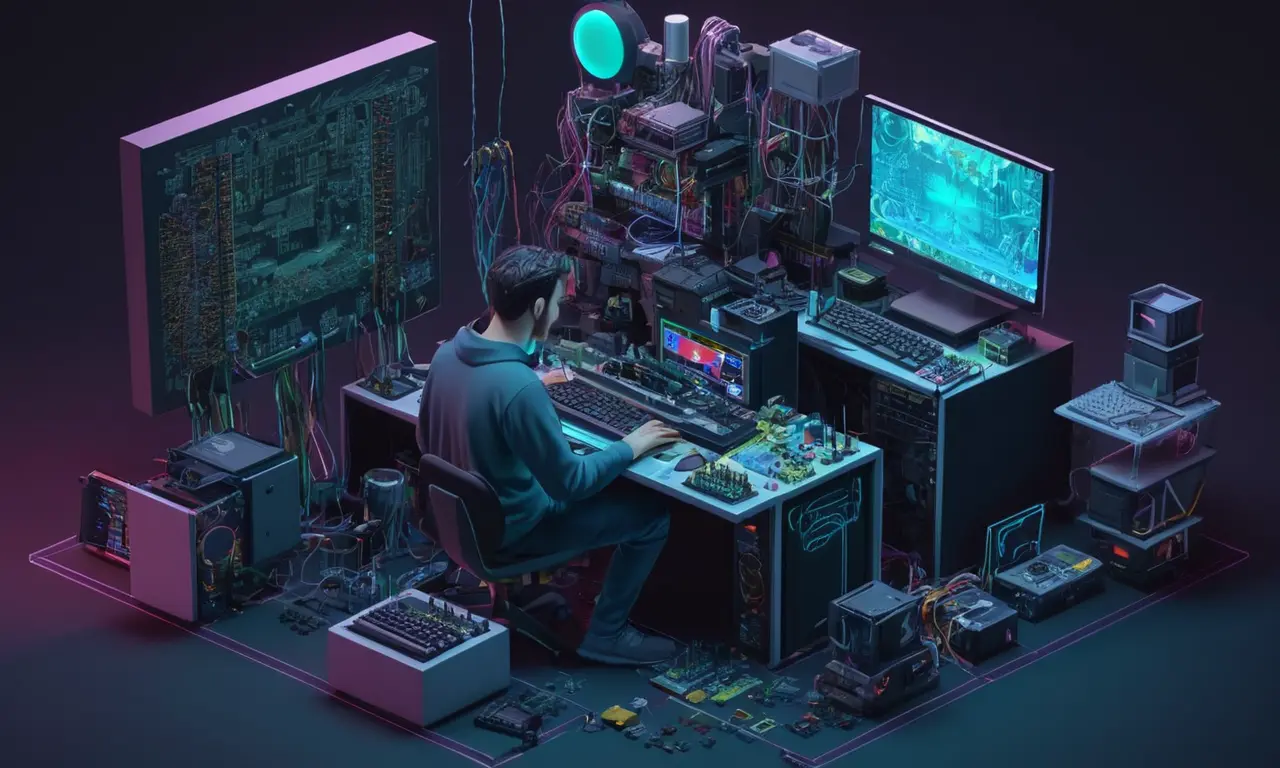 Un programador de computadora rodeado de componentes de consola y notas desde los primeros días de desarrollo de videojuegos.