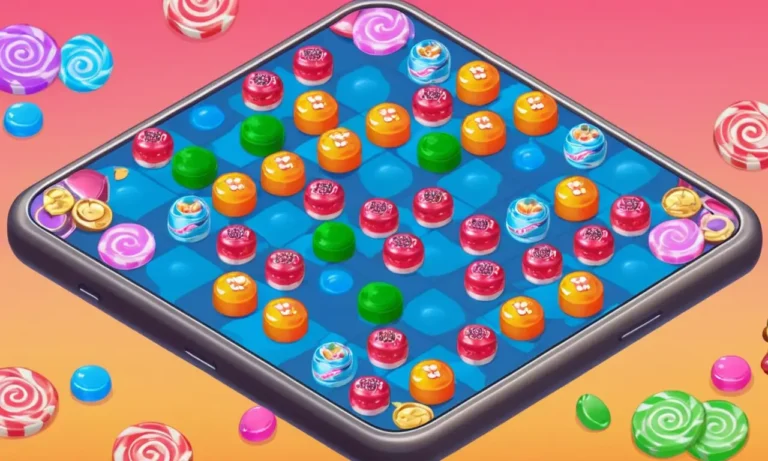 Una persona jugando Candy Crush en su smartphone en medio de dulces y monedas de colores.