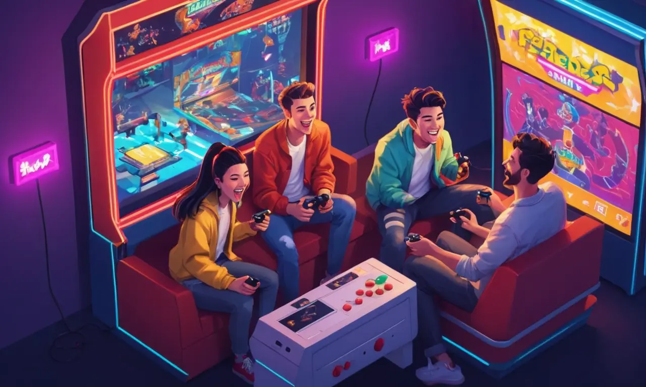 Un grupo de amigos riéndose y jugando videojuegos juntos en un arcade.