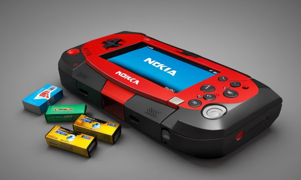 Una consola de juegos nostálgicos, el Nokia N-Gage, con una X roja marcada a través de ella, rodeado de cartuchos de juego rotos y jugadores decepcionados.