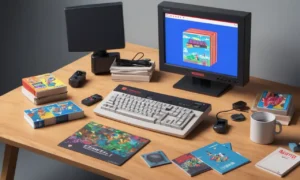 Una captura de pantalla de la consola de estilo Nintendo fallida en un monitor de computadora rodeado de notas y libros sobre su fracaso.