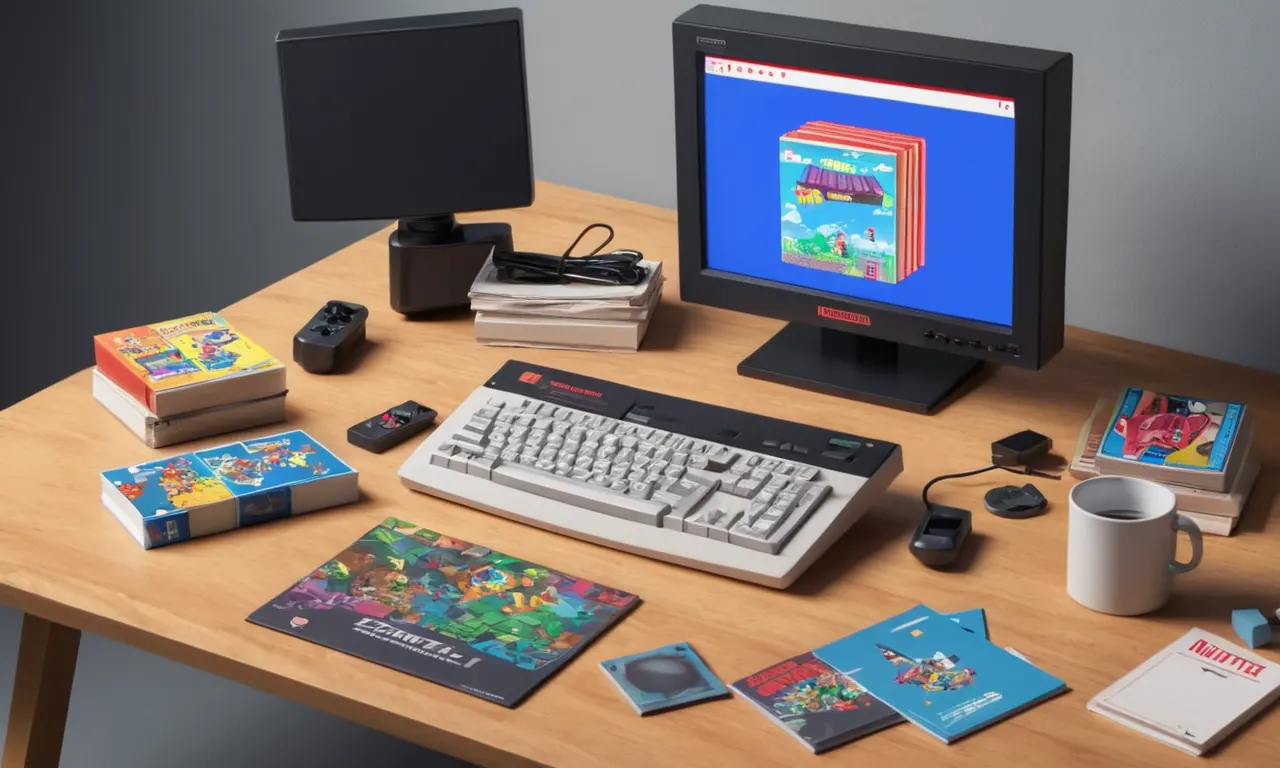 Una captura de pantalla de la consola de estilo Nintendo fallida en un monitor de computadora rodeado de notas y libros sobre su fracaso.
