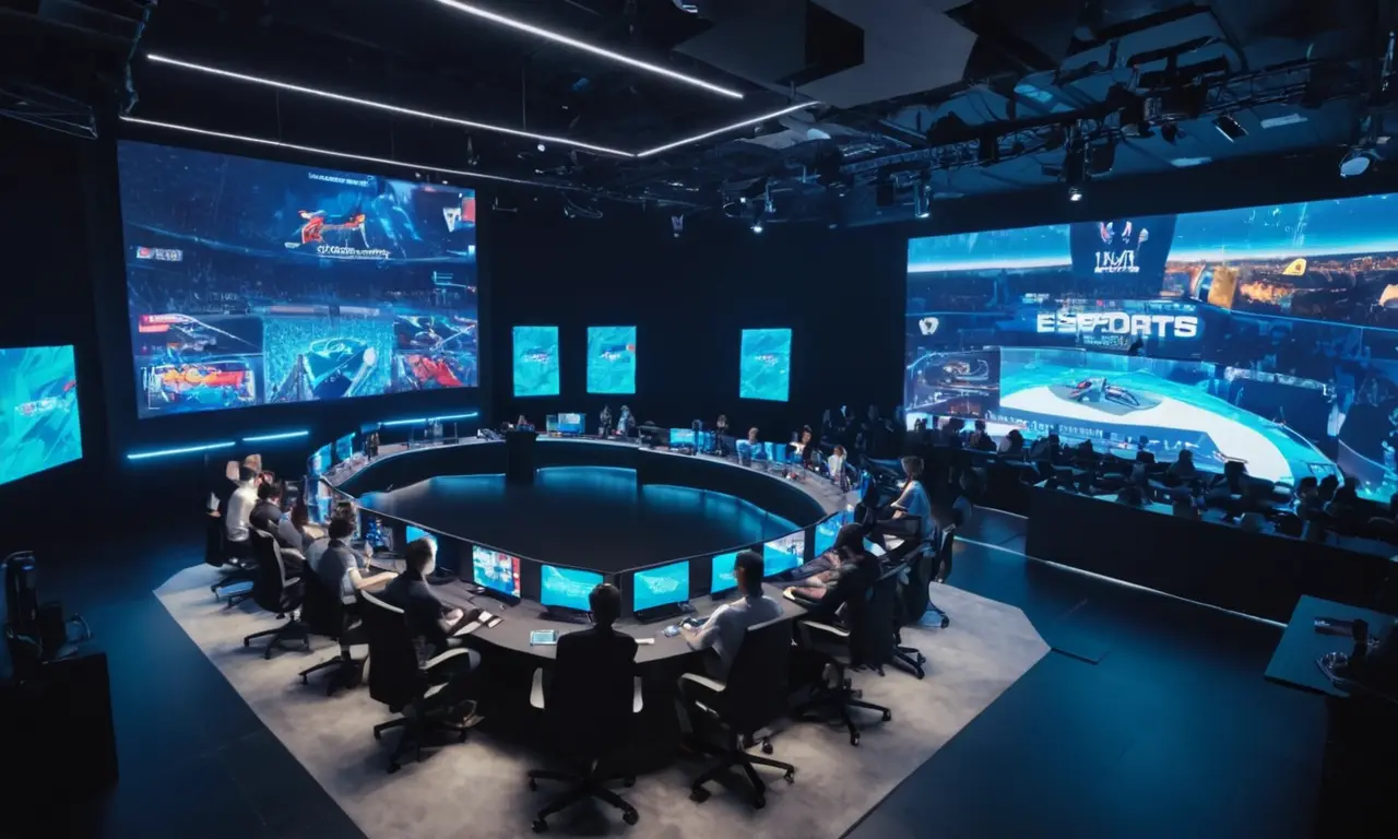 Un grupo de organizadores y patrocinadores en una sala de reuniones con una pantalla grande que muestra los datos del torneo esports.