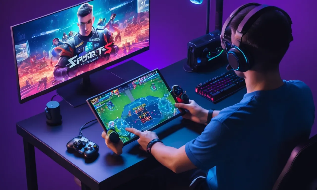 Una persona con un controlador y mirando una pantalla mostrando los resultados del torneo de esports y guías de estrategia.