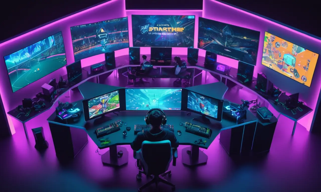 Un jugador rodeado de pantallas que muestran diferentes tipos de torneos de esports con notas y diagramas en el fondo.