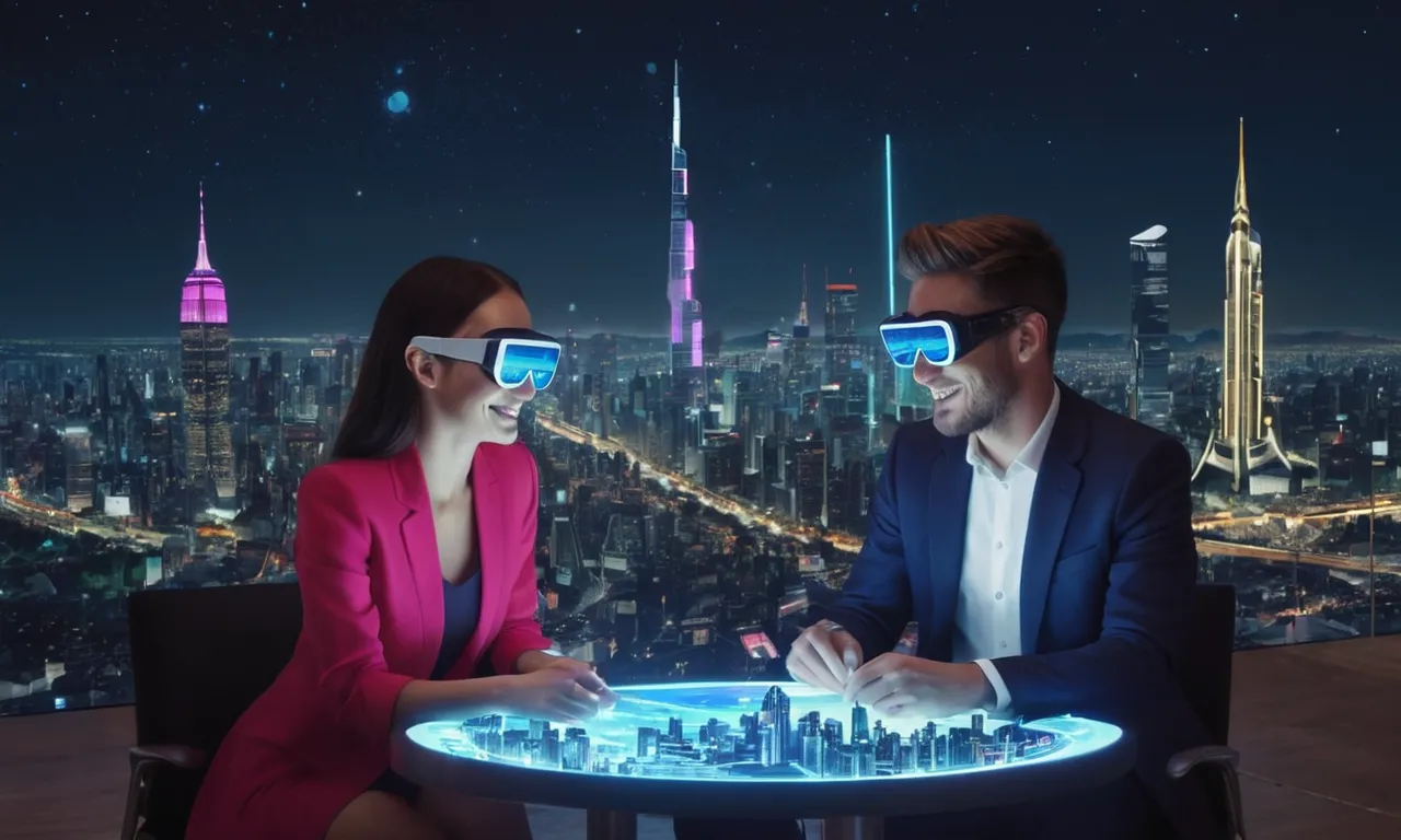 Una pareja sonriéndose unos a otros frente a un futurista paisaje urbano con gafas de realidad aumentadas en la mesa.