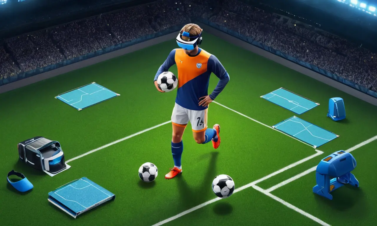 Los jugadores de fútbol virtual que participan en ejercicios de entrenamiento en un lanzamiento virtual.