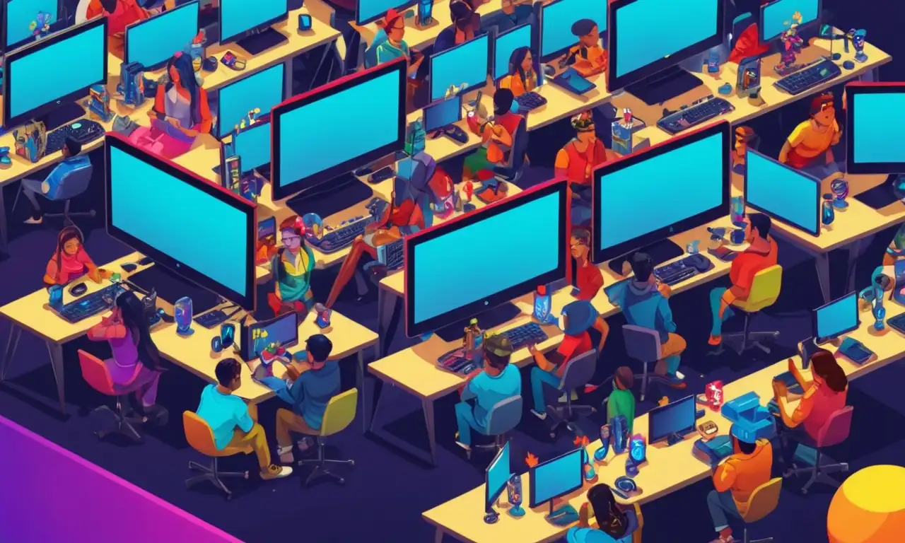 Un grupo de diversos jugadores y desarrolladores latinos con premios, rodeado de pantallas con sus juegos.