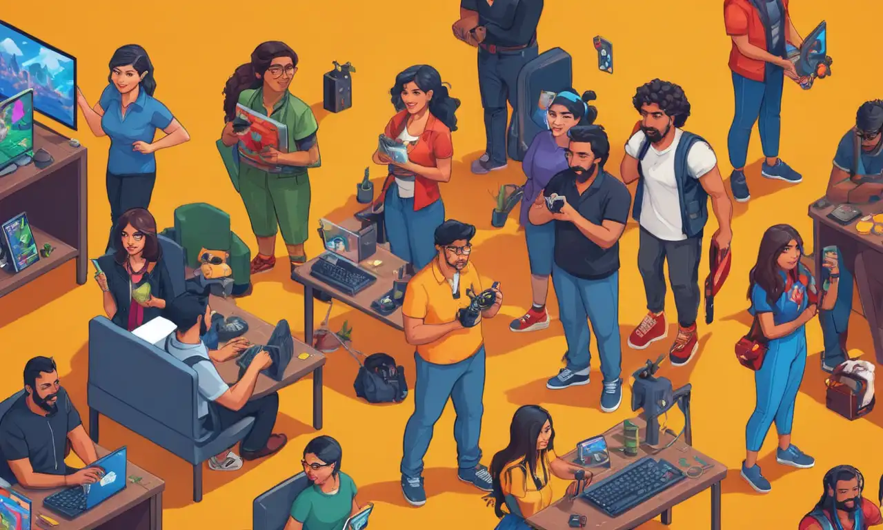 Un grupo diverso de desarrolladores de juegos latinos celebrando sus logros mundialmente reconocidos en la industria del juego.