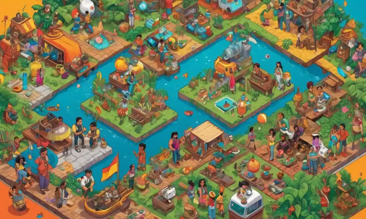 Collage colorido de diversos desarrolladores de juegos latinos y sus personajes de juego icónicos.