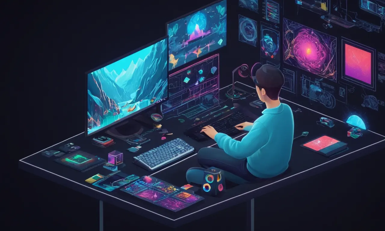 Un artista que trabaja en un ordenador con una pantalla que muestra varios gráficos 3D y efectos de sombra.