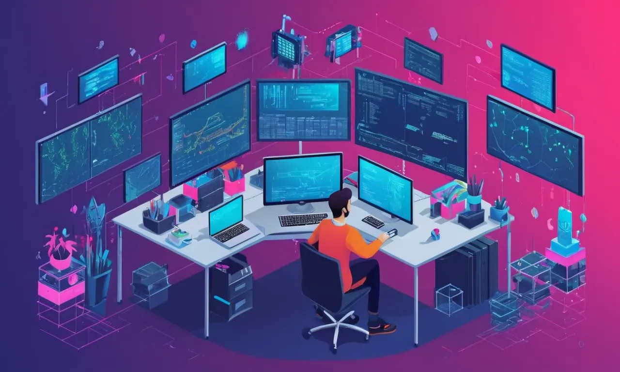 Un programador que trabaja en un proyecto de codificación con múltiples pantallas e instrumentos técnicos alrededor.