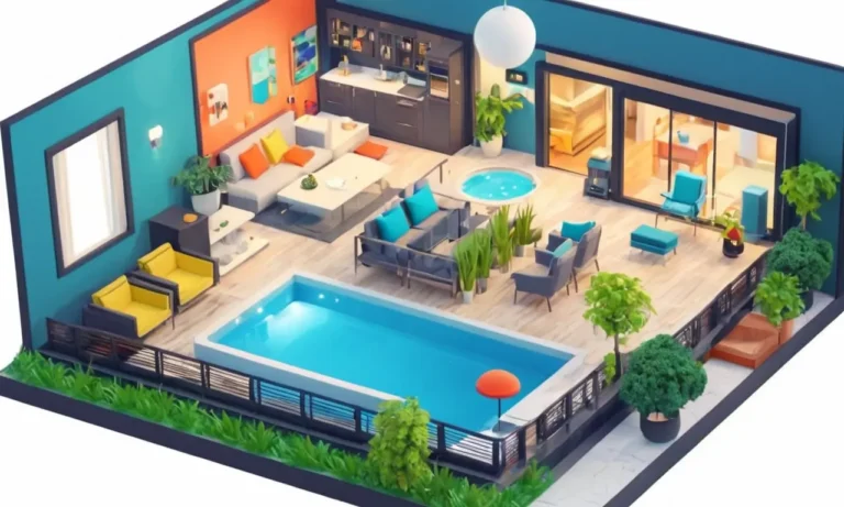 Un mapa de realidad virtual de una casa con objetos y habitaciones 3D interactivos.