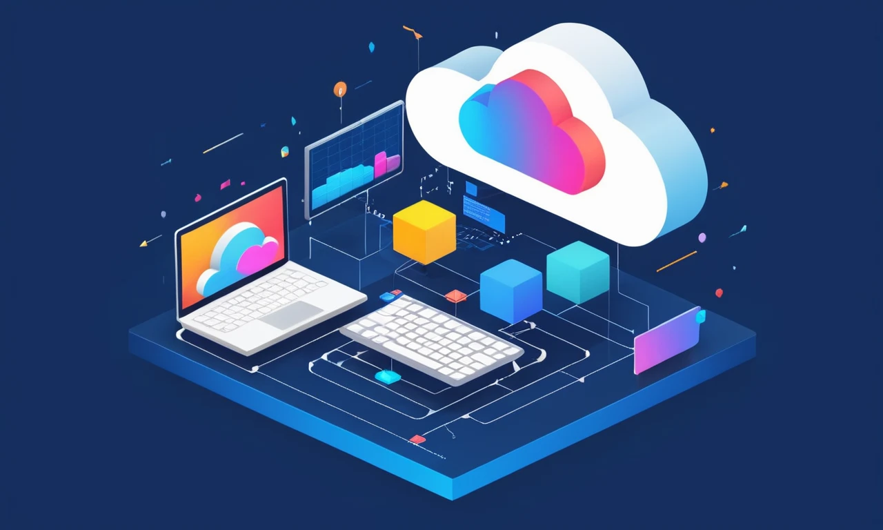 Un icono de herramienta de desarrollo basado en la nube con fragmentos de código y diagramas que la rodean.