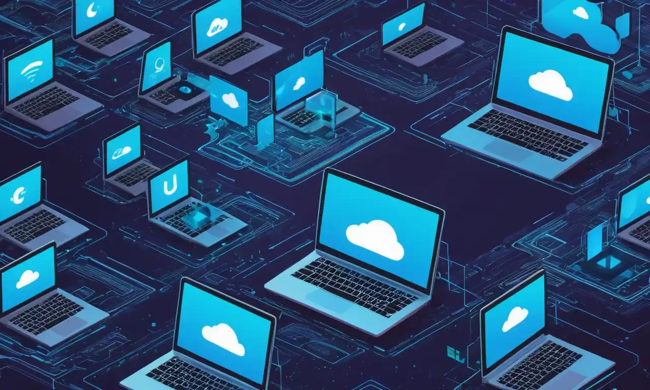 Ilustración de iconos en la nube, laptops y símbolos de codificación rodeados de un futurista paisaje urbano.