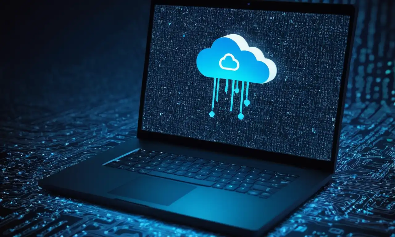 icono de herramientas de desarrollo basadas en la nube en una pantalla portátil rodeada de símbolos de codificación.
